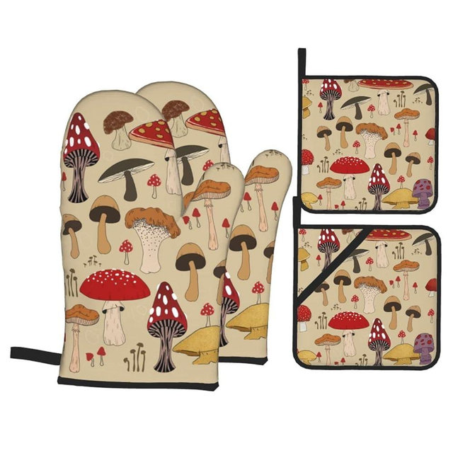 Various Mushroom Art Oven Mitts and Pot Holders Sets of 4 High Heat Resistant Oven Mitts with Oven Gloves and Hot Pads Polyester Potholders for Kitchen Baking Grilling BBQ Non-Slip Cooking Mitts
