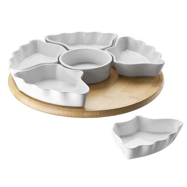 DOWAN 12 inches Lazy Susan Appetizer Serving Tray, Divided Serving Platters with Wood Holder, Removable Serving Dishes for Chips and Dip, Condiment, Veggies, Candy and Snacks, 7 Pieces, White