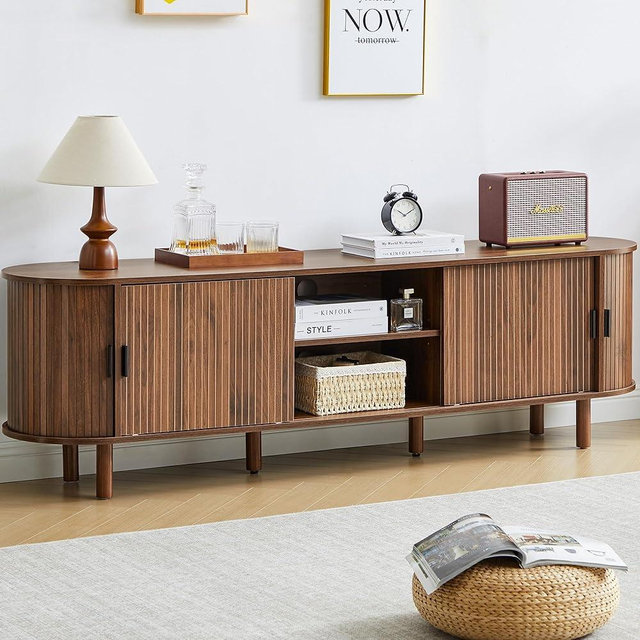 FurSch 70.87”Tambour TV Stand for 50-80 Inch, Mid Century Entertainment Center with Large Storage Cabinet & Open Shelves, TV Console with Sliding Doors for Living Room, Bedroom(Walnut, 70.87inch)