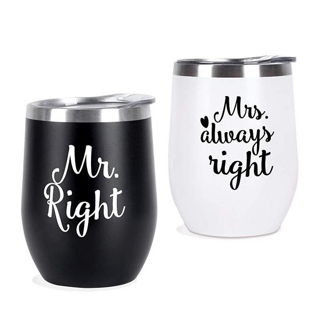 Engagement Gift Couple Wine Tumbler Set of 2, Mr. Right Mrs. Always Right Insulated Tumbler, Valentine's Day Wedding Anniversary Bridal Shower Gift for Husband Wife Boyfriend Girlfriend, 12 Oz