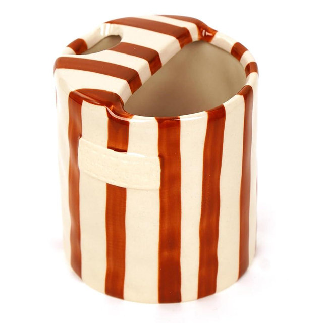 Annahom Ceramic Travel Mug without Handle–10oz Pottery Tumbler for Coffee & Tea-Fits Car Cup Holder Microwave Safe Sip Top (Striped Design)-Brown