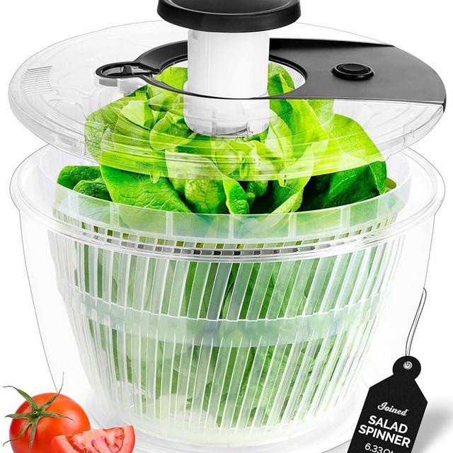 Joined Large Pump Salad Spinner with Drain, Bowl, and Colander - Quick and Easy Multi-Use Lettuce Spinner, Vegetable Dryer, Fruit Washer, Pasta and Fries Spinner - 6.33 Qt (Black)