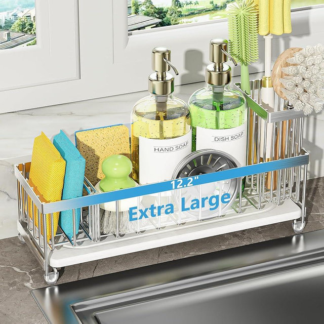 Cisily Extra Large Sink Caddy Organizer with Drying Stone, Silver Sponge Holder for Kitchen, Dish Brush Holder for Countertop, Kitchen Decor Storage and Essentials