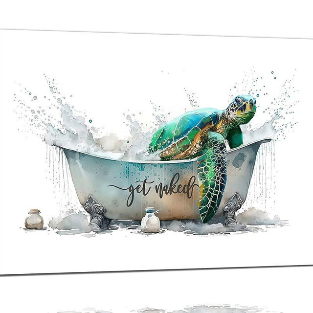 Sea Turtle Bathroom Decor Wall Art Funny Teal Turtle Bathtub Pictures Wall Decor Country Bathroom Sign Canvas Print Painting Framed Artwork Modern Home Decorations For Toilet 16"x12"