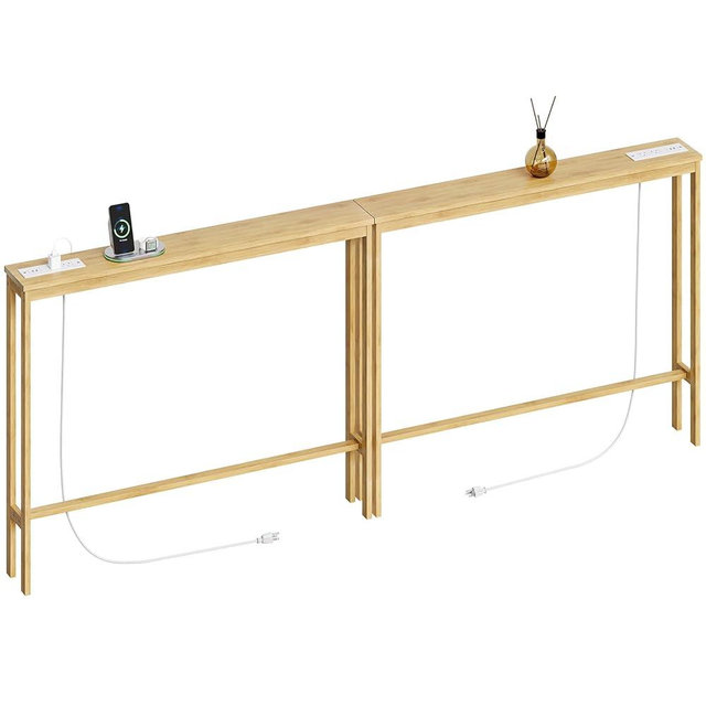 ELYKEN 2 Pack 5.9" Narrow Console Sofa Table with Power Outlets, 5.9" Dx39.4 Wx31.1 H Bamboo Behind Couch Table with Charge Station, Natrual