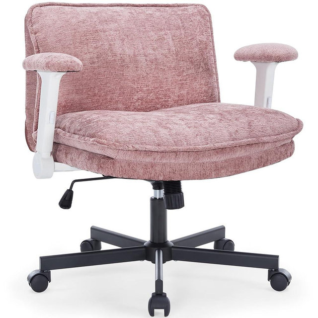 FanciSpot Cross Legged Office Chair with Wheels and Adjustable Flip-Arms, Criss Cross Desk Chair with Thick Cushion, Wide Seat Chair for Home Office, Apartment, Bedroom, Pink