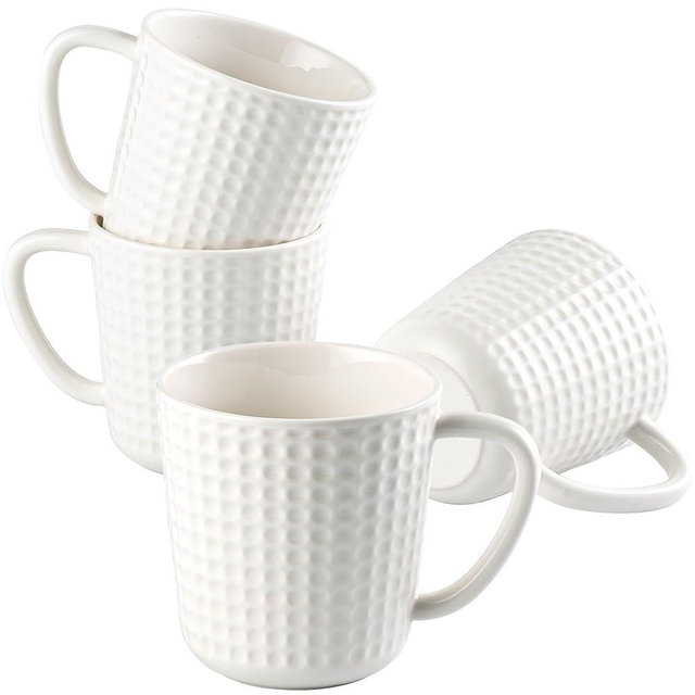 Ceramic Coffee Mugs 15 oz, Large Waffle Embossed Mug Set with Handle, Unique Coffee Cups for Latte, Cappuccino, Cocoa, Hot Tea, Mocha, Milk, Housewarming Wedding Present - Set of 4 (White)