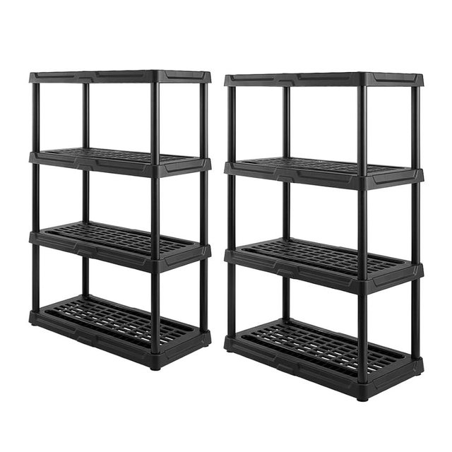 CX 4-Tier (53”H x 36”W x 18”D) Plastic Storage Shelving Unit (Black) 2 Pack, Heavy Duty, 150lbs Per Shelf Capacity, Indoor/Outdoor Storage Organization in Home, Garage, Office, Easy Assembly