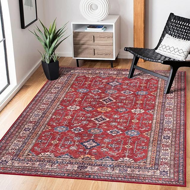 Rugland 8x10 Area Rugs – Stain Resistant Washable Rug, Anti Slip Backing Rugs for Living Room, Boho Persian Tribal Area Rugs (TPR10-Burgundy, 8'x10')