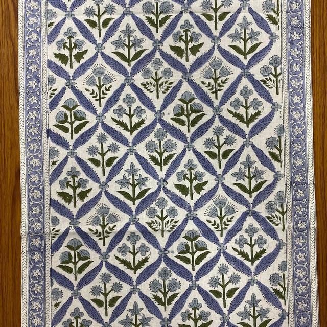Light Steel Blue, Olive Green Indian Floral Hand Block Printed 100% Pure Cotton Cloth Table Runner, Fire Place Runner, Mantle Runner, Gifts