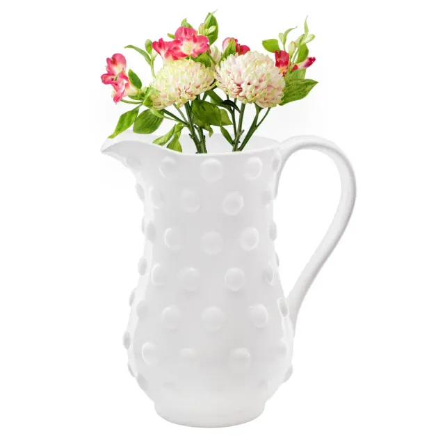 AuldHome Design 1Gal White Hobnail Ceramic Pitcher, Vintage Retro Farmhouse Style