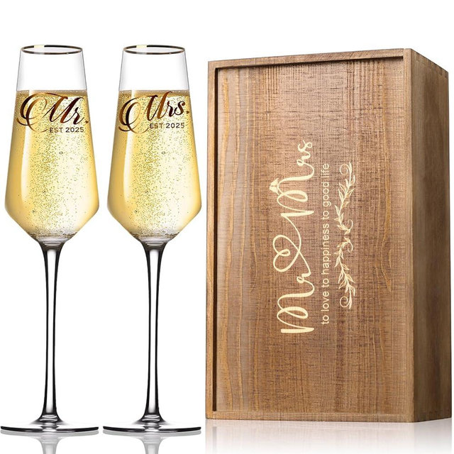 Wedding Champagne Flutes Glasses Set of 2, Hand Blown Wedding Toasting Flutes for Bride and Groom, Mr and Mrs Champagne Glasses for Wedding Engagement Anniversary Bridal Shower(Commemorative Box Set)