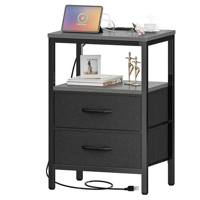 Huuger Nightstand with Charging Station, Side Table with Fabric Drawers, End Table with Open Shelf, Bedside Table with USB Ports and Outlets, Night Stand for Bedroom, Charcoal Gray