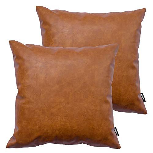 HOMFINER Decorative Throw Pillow Covers 20 x 20 inch Faux Leather, Set of 2 Thick Cognac Brown Modern Boho Farmhouse Decor Square Bedroom Living Room Cushion Cases for Couch Bed Sofa