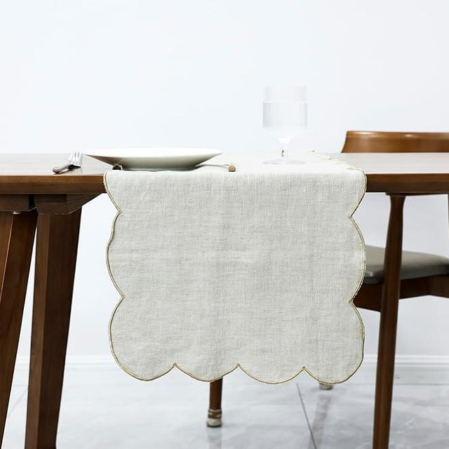 AORISSI 100% Natural Linen Rustic Scalloped Embroidery Table Runner 108 Inches Long, Linen Table Runner 14 x 108 Inch for Dresser and Dining Tables Decor, 8-10 Sets, Linen(Edges-Gold)