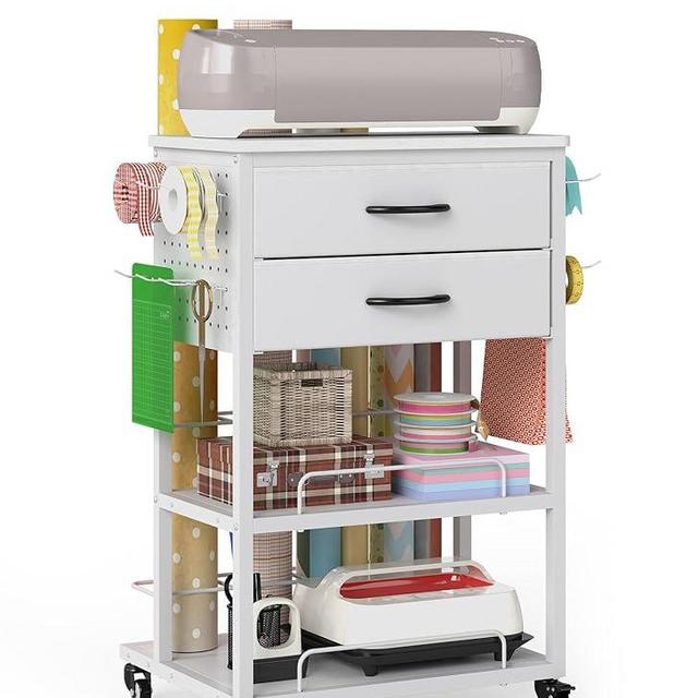 Qriocioa Wrapping Paper Storage, Rolling Gift Wrap Storage with 2 Fabric Drawers, Craft Organizers and Storage with Ribbon Gift Bag Wrapping Paper, Gift Wrapping Station for Christmas, Birthday, Party