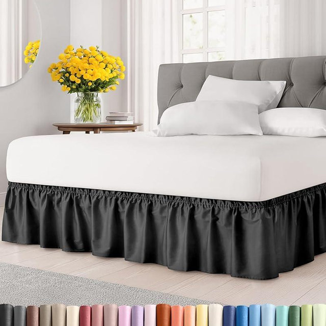 Wrap Around Dust Ruffle Bed Skirt - Black - for King Size Beds with 12 Inch Drop - Easy Fit Elastic Strap - Adjustable Pleated Bedskirt w/Brushed Fabric - Wrinkle Free - for Women, Men, Kids & Teens
