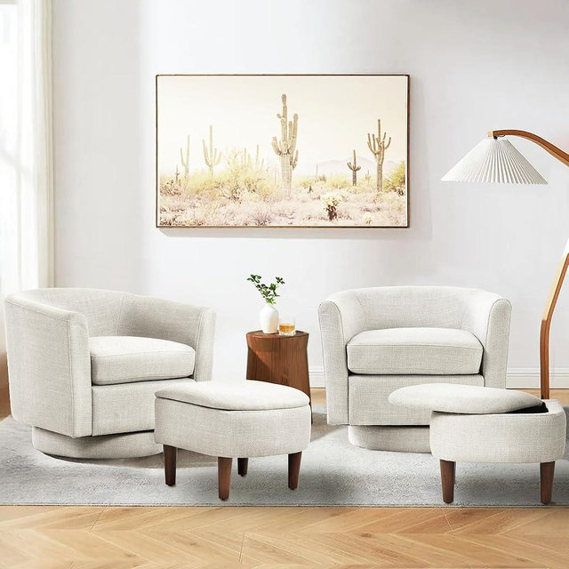 COLAMY Upholstered Swivel Barrel Accent Chair with Ottoman, Modern Single Sofa Lounge Armchair Club Chair with Storage Space for Living Room Bedroom Office, Beige, Set of 2