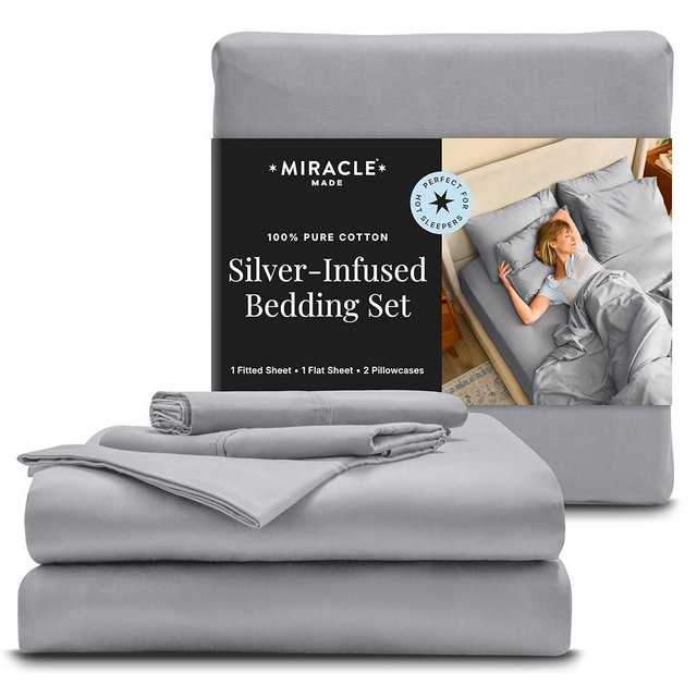 Miracle Made Breathable Cotton Bed Sheets, 4-Piece Set – Silver-Treated, Soft and Cool-to-the-Touch Lightweight Bedding Designed for Hot Sleepers – Queen Size, Silver Grey