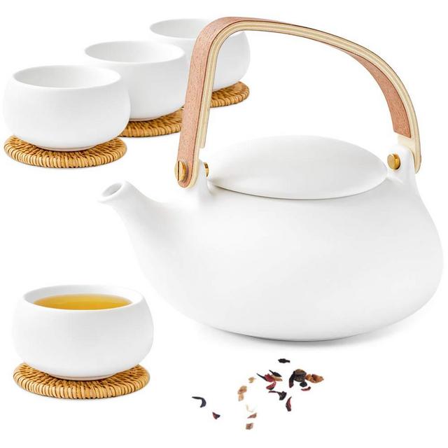 ZENS Ceramic Teapot Set, Modern Japanese Tea Pot Set with Infuser for Loose Tea, 27 Ounce White Matte Porcelain Teapots with 4 Teacups & Rattan Coasters for Women Gift