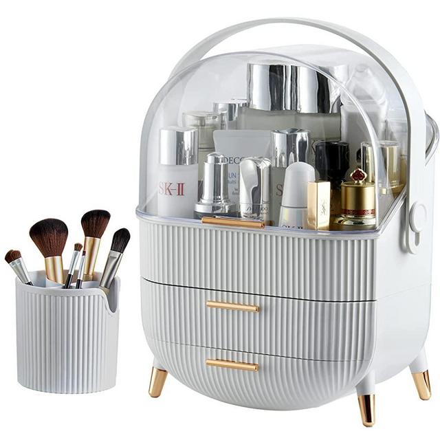 CANITORON Makeup Storage Organizer，Clear Cover Cosmetic Display Case with Two Tier Storage Box and Brush Storage Box, SkinCare Organizers for Bathroom Countertop,Bedroom Vanity Desk and T2-White
