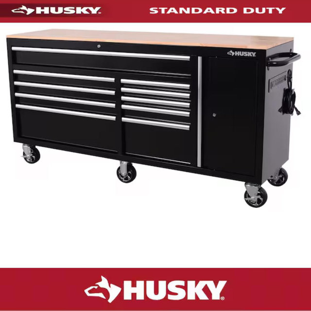 Husky Standard Duty 72 in. W x 20 in. D 10-Drawer Gloss Black Mobile Workbench Cabinet with Solid Wood Top H72MWC10BLK-TL