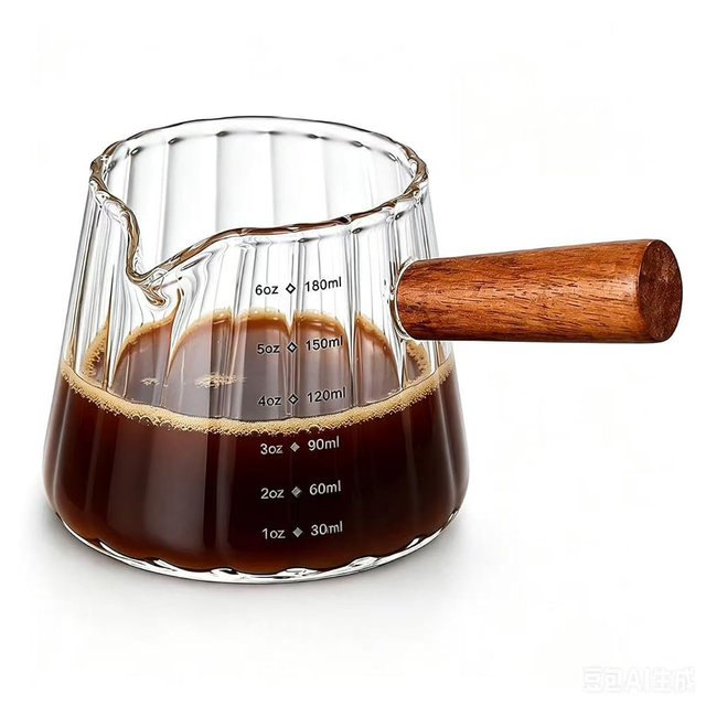 MEJOY 6 oz Espresso Cups - Glass Measuring Cups with Spout - Ribbed Small Creamer Pitcher- Expresso Shots Cup with Wood Handle for Coffee Milk, Dishwasher Safe (Transparent, 1 pack)