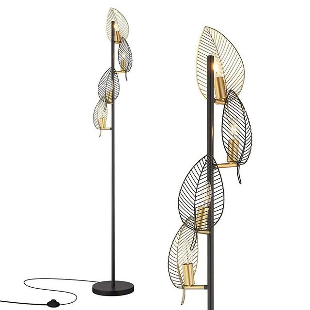 WOXXX Industrial Black Floor Lamp with 4 Brush Gold Finish Leaf Shade, Modern Tree Floor Lamps for Living Room Bedrooms Reading Standing Lamp Living Room Lamps Farmhouse Tall Lamp (4 Bulbs Included)