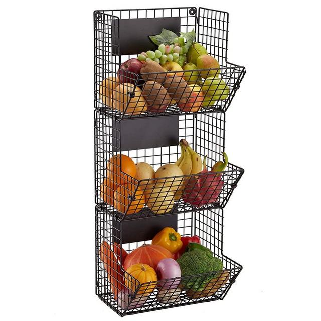 Wall Mounted Wire Basket Hanging Fruit Basket, 3 Tier Kitchen Storage Bins Fruit Vegetable and Pantry Organizier Stand, Produce Rack, Black,