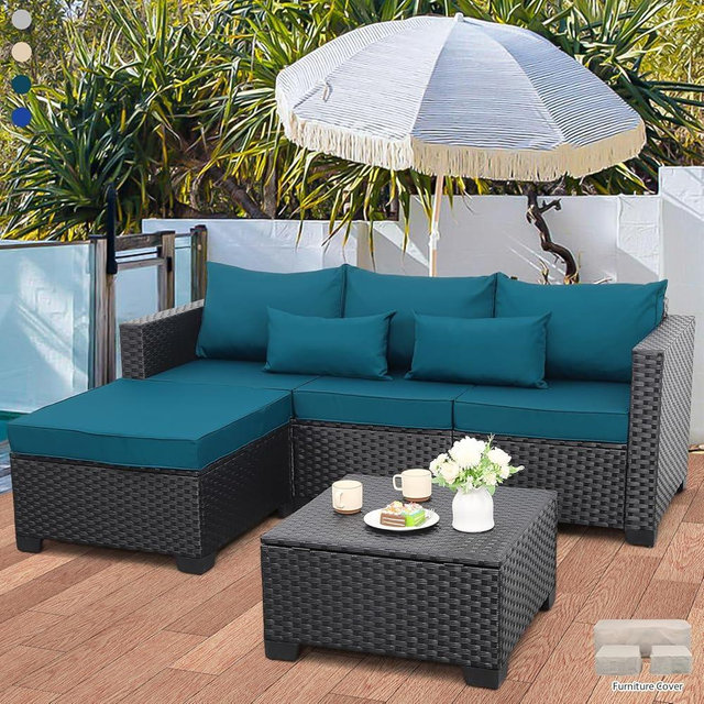 Rattaner Wicker Patio Furniture Set - 3 Piece Outdoor Sectional Couch with Storage Coffee Table, All-Weather Non-Slip Cushions & Waterproof Covers, Peacock Blue