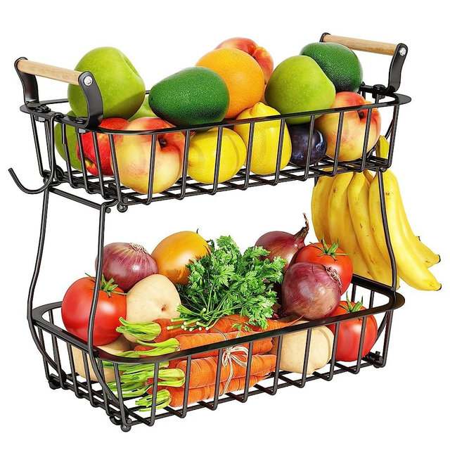 2 Tier Fruit Basket Bowl with 2 Banana Hangers for Kitchen Counter, Metal Countertop Fruits Produce Storage Basket Holder, Large Fruit Vegetable Stand Organizer for Bread Snack Veggies Potato, Black