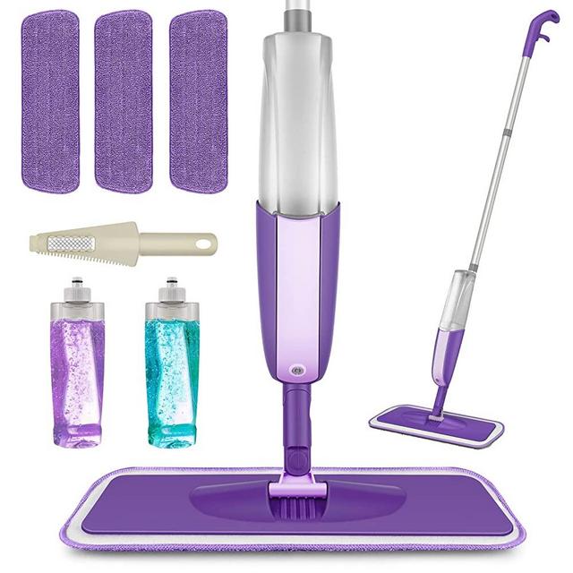 MEXERRIS Microfiber Spray Mop for Floor Cleaning - Hardwood Floor Mop Spray 360°Rotatable with 2 Refillable Bottle Wet Dry Floor Cleaning Mop for Laminate Wood Tiles 3 Reusable Pads and 1 Scrubber