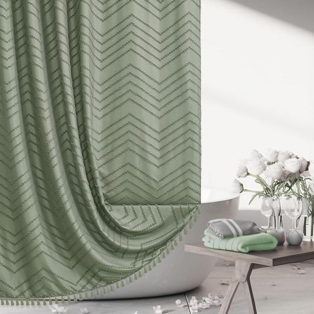 Boho Shower Curtain with Tassel Woven Fabric Sage Green Shower Curtain 72 x 72 Modern Farmhouse Textured Tufted Chevron Striped Minimalist Bathroom Shower Curtain Set with Hooks
