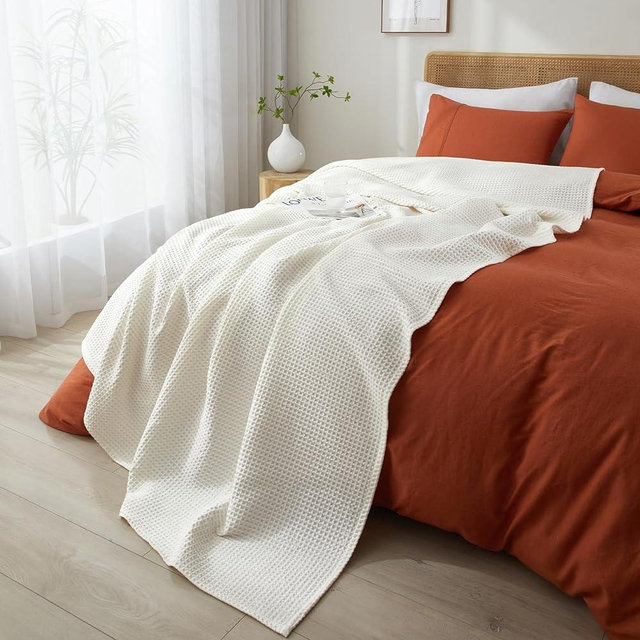 PHF 100% Cotton Waffle Weave Throw Blanket 50" x 60"-Lightweight Washed Soft Breathable Blanket for Adults and Kids-Perfect Blanket Layer for Couch Bed Sofa-Elegant Home Decoration- Cream