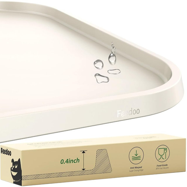 Feedoo Pet Feeding Mat [Warped Resistant Raised Edge], Water-Proof Silicone Placement for Food Water Bowls, Anti-Slip Base Protect Floor, BPA-Free&Dishwasher-Safe [23.5x13.5inch Large, White Sand]