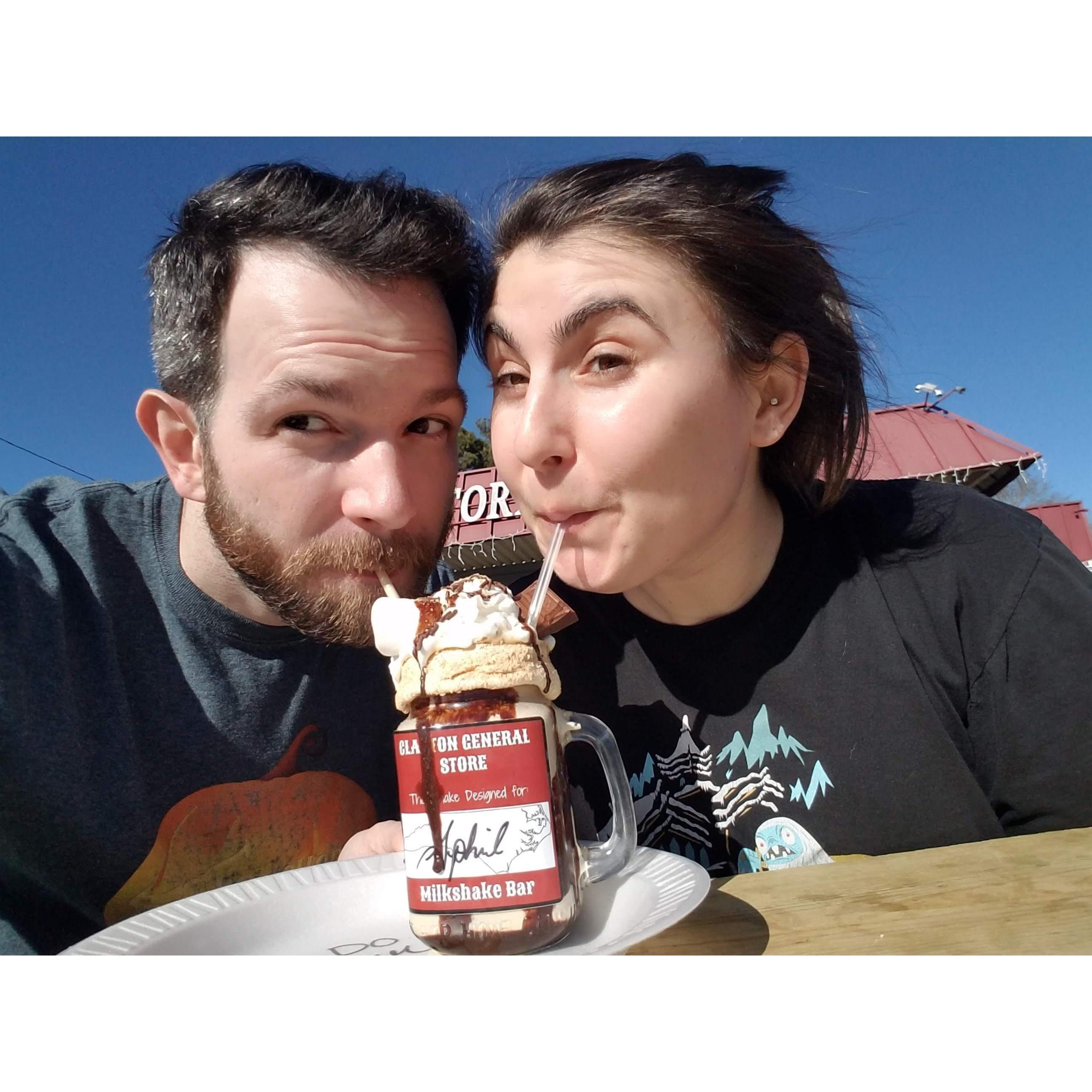 Enjoying a fancy milkshake at the Clayton General Store, utilizing our celebrity name, "Aphril."