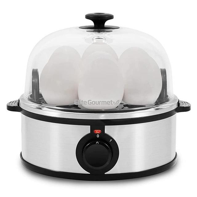 Elite Gourmet EGC648 Easy Electric Poacher, Omelet Eggs & Soft, Medium, Hard-Boiled Egg Boiler Cooker with Auto Shut-Off and Buzzer, Measuring Cup Included, BPA Free, 7, Stainless Steel