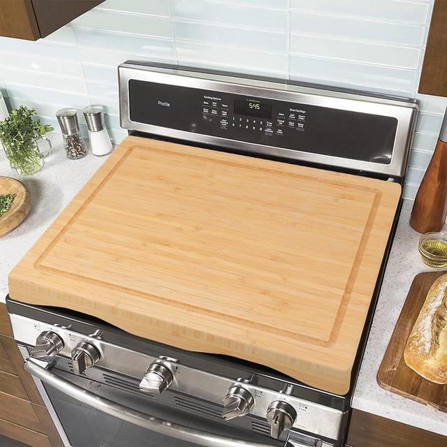 Stove Cover Board Gas Stovetop - 29.5"x21.25" Cooktop Covers for Stove Top, Raised Cutting Board with Legs and Juice Grooves,Wood Stove Covers for Gas Burners, Adjustable Cover for RV Stove