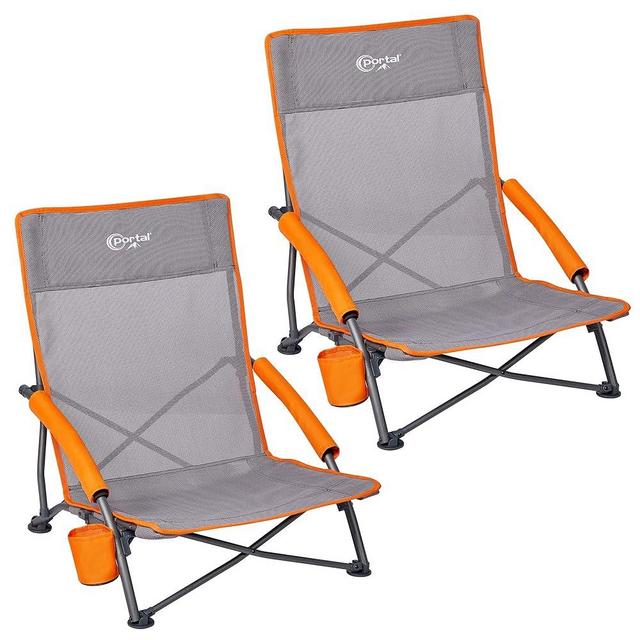 PORTAL Beach Chairs for Adults 2 Pack High Back Low Folding Camping Chair Portable Lightweight with Cup Holder for Travel, Concert, Lawn, Festival, Support 350lbs