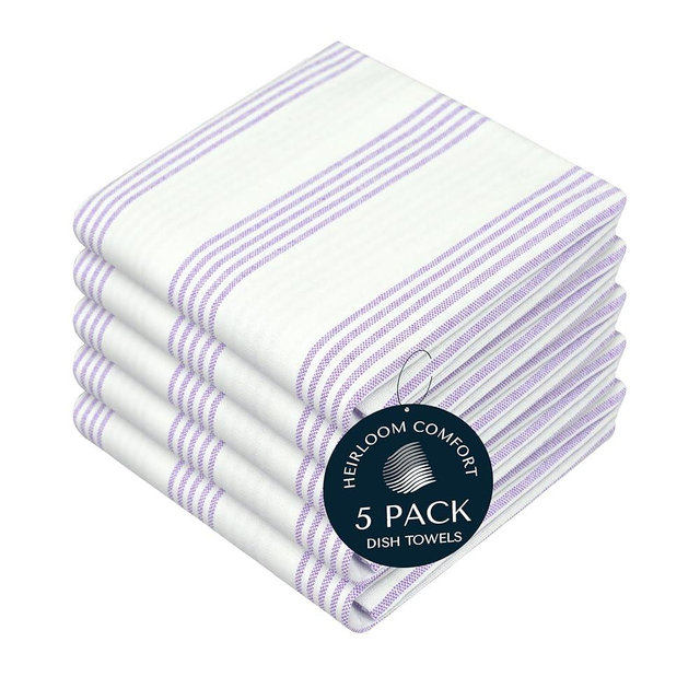 HEIRLOOM COMFORT Lavender Stripe Kitchen Towels, 5 Pack, 100% Cotton, Super Absorbent and Quick Dry, Multi Pin Striped Towel Set, Durable Dish Cloths for Kitchen Use, Cleaning & Drying Dishes