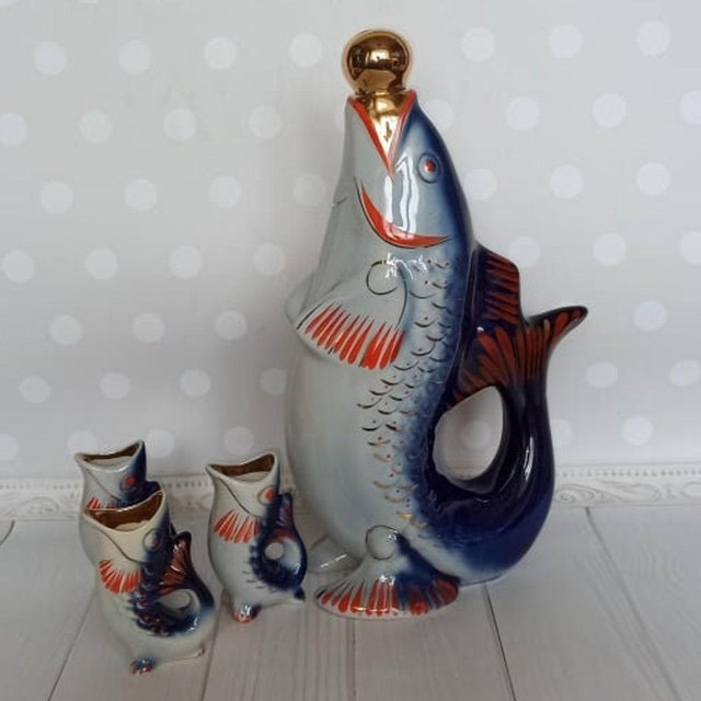 Vintage 70s Porcelain drinking set fish for 3 persons "Carp Family" Koi Fish Sake Retro kitchen decor Vintage Home decor USSR