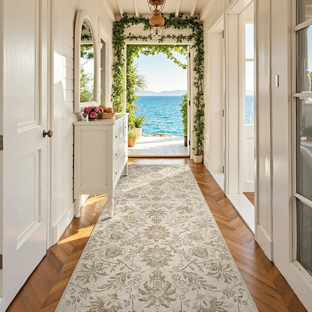 jinchan Runner Rugs 3x10, Vintage-Inspired Floral Neutral Design Machine Washable Non-Slip Ultra-Thin Low-Pile Rubber Backing Traditional Rug for Kitchen Hallway Laundry Room Entryway Taupe