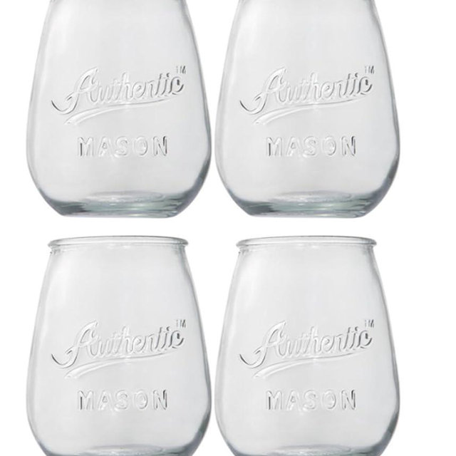 Hobby Lobby Authentic Mason Stemless Wine Glasses, Clear Glass, 21 Oz, Set of 4, Embossed Design