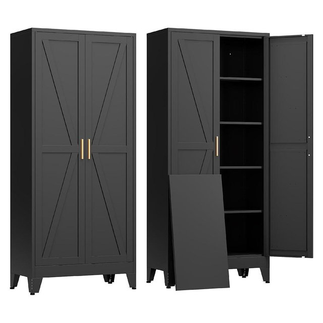 COFaR Black Farmhouse Storage Kitchen Pantry Cabinet with 2 Barn Door, 4 Adjustable Shelves and Legs, for Cupboard/Dining Room/Bathroom/Living Room/Office/Laundry Room (Black, 71" Farmhouse)