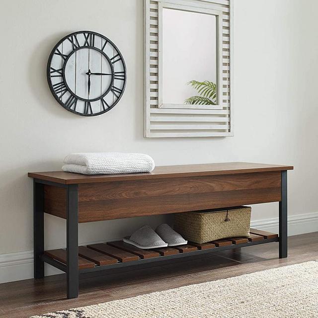 Walker Edison Julian Rustic Farmhouse Lift Top Entry Bench with Bottom Rack, 48 Inch - Walnut Brown