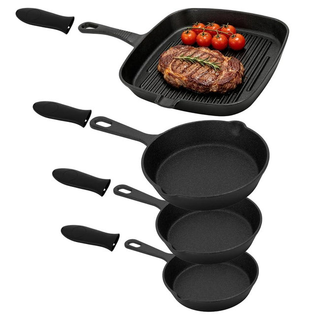 COSYOO 4 Pieces Cast Iron Skillet Set, Frying Pan and Grill Pan Set with Silicone Handle Covers, Non-Coated Cookware Kit for Stove Oven, Grill, Heavy Duty Kitchen Pans