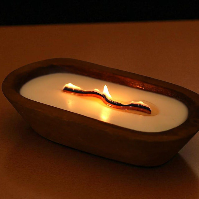 Large Wooden Dough Bowl Candle with Wavy Wooden Wick – Hand Poured Soy Candle, Rustic Farmhouse Home Decor, Long Burning Cozy Gift