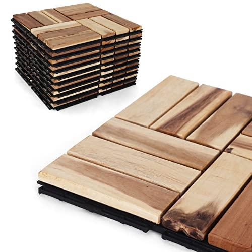 Deck Tiles - Patio Pavers - Acacia Wood Outdoor Flooring - Interlocking Patio Tiles - 12"x12" (10 Pack) - Natural Acacia Finish - Checker Pattern Decking