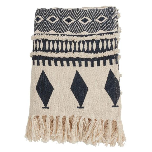 Printed And Embellished Throw Blanket Navy Blue - Saro Lifestyle