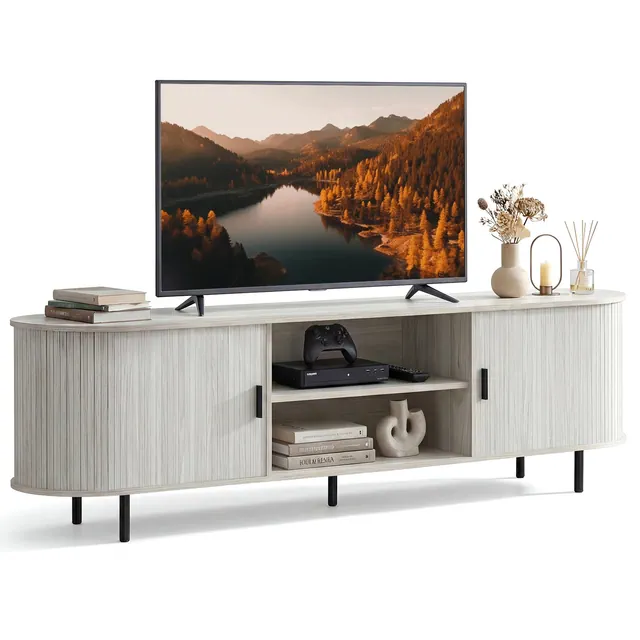 Costway TV Stand for 80” TVs with Fluted Sliding Doors & Open Shelves for Living Room Natural White